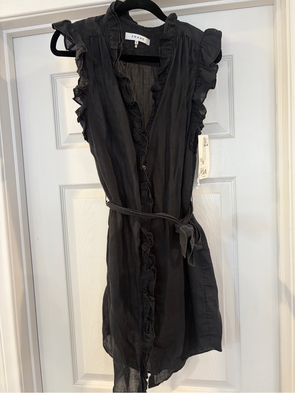 Frame Denim Black Ruffle Tie-Front Mini Dress